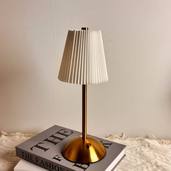 6648ac60-4b1c-416b-884a-4b9daea0a6a5.jpg Metal Base, Pleated Fabric Lampshade - Bedside Lamp Night Light random colour