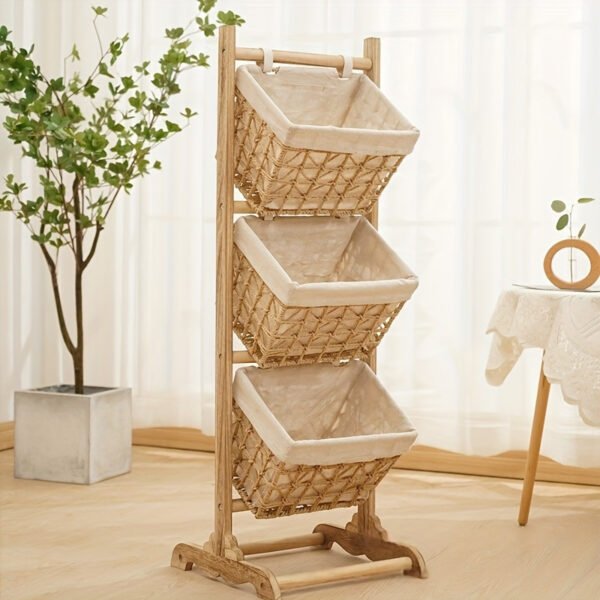 Handmade Woven Rattan Hanging Basket & Floor Standing Shelf 3 Layer