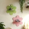 Pink Flower Floating Shelf - 5-Legged Wall-Mounted Shelf with Clear Frame